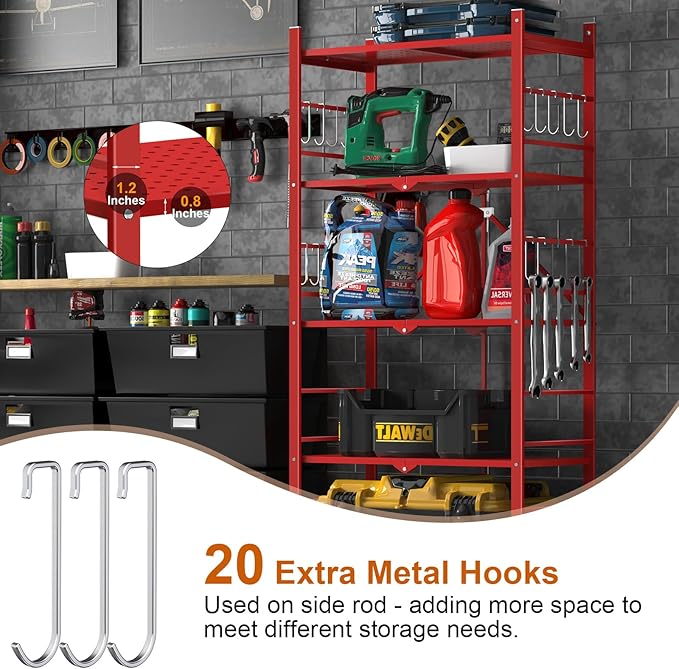 Himix Storage Shelves with 20 Hooks, 5-Tier Foldable Shelves for Storage, Folding Utility Shelf Unit Pantry Shelf with Wheels, Metal Shelving Unit Rack for Garage Christmas Room, Red - No Assembly - Image 4