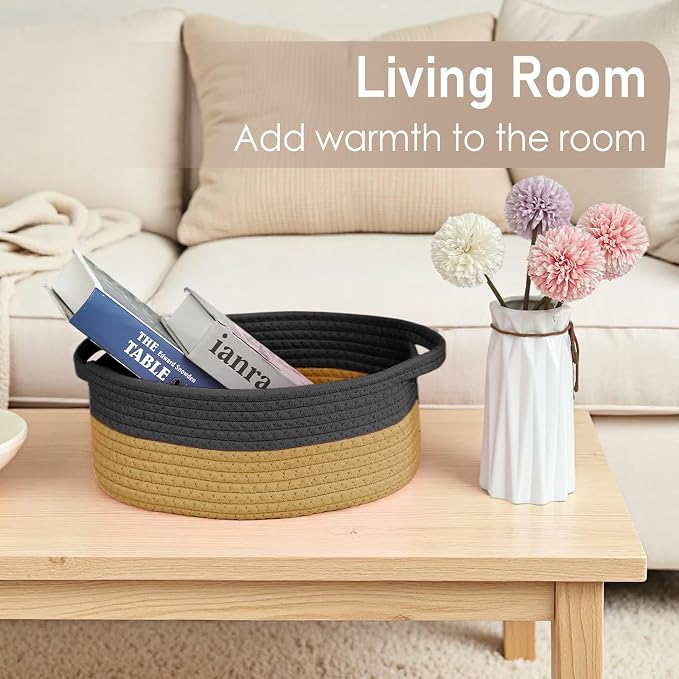 JMvicyroam Woven Basket,Small Rope Storage Bin with Handles & Ribbon Bag, Organizer for Shelves Closets,Gift Basket Empty for Birthday,Books,Dog Toys, Black&Jute/3 Pack - Image 7