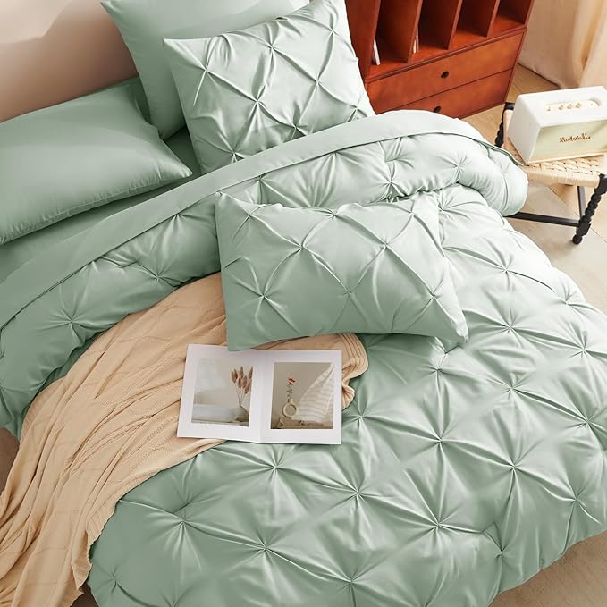 CozyLux King Size Comforter Set Sage Green, 7 Pieces Pintuck Bed in A Bag Green Comforter King Size, Pinch Pleat Bedding Set with All Season Comforter, Sheets, Pillowcases & Shams