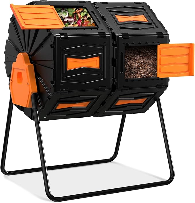 Compost Tumbler, Easy Assemble & Efficient Outdoor Compost Bin, 45 Gallon/170 Liter Large Dual Chamber Rotating Composter for Garden, Kitchen, and Yard Waste, Orange Door by MARCYTOP