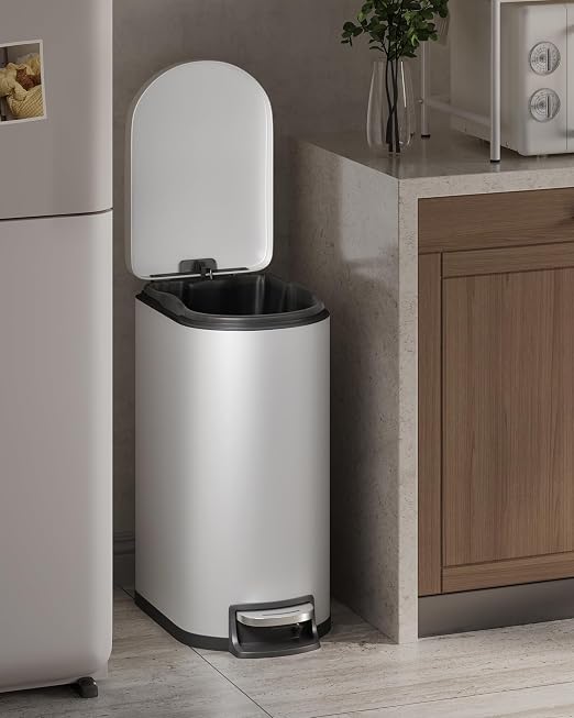 Garvee 13 gal / 50 L Metal Kitchen Trash Can with Lid, Slim Rustproof Garbage Can, Large Step-on Trash Bin with Inner Bucket, Rear Handle, Soft Close Lid, White - Image 6