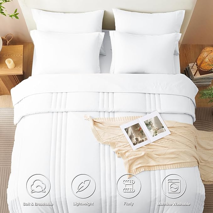 CozyLux Full Comforter Set - 7 Pieces Bed in a Bag White Comforter Set with Sheets Luxury Bed Set All Seasons, Soft Bedding Set with Down Alternative Comforter, Sheets, Pillowcases & Shams