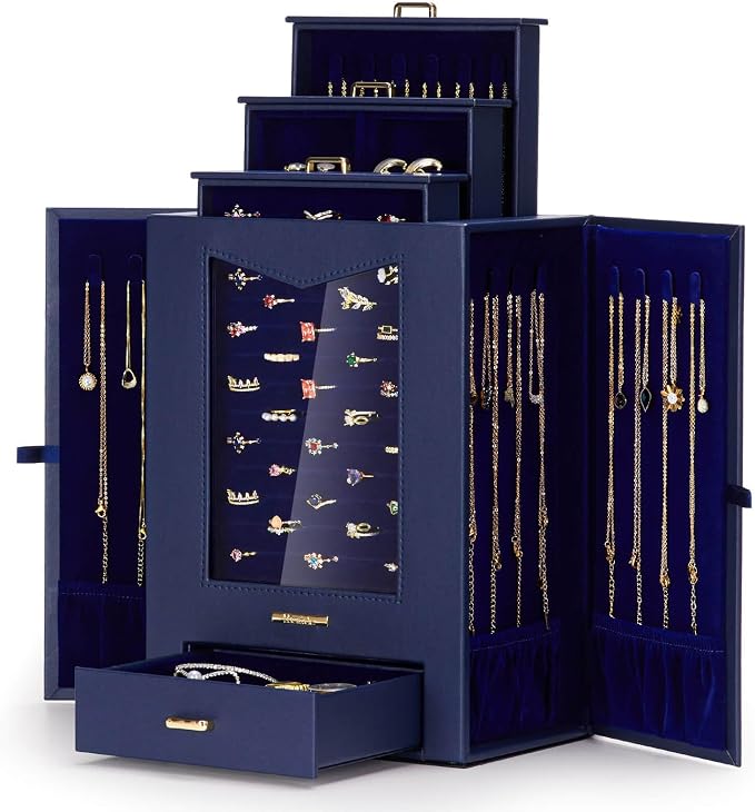 Homde Jewelry Organizer with Transparent Window Necklace Hooks Gift for Women Jewelry Box Display Case for Necklaces Rings Earrings Bracelets and Other Accessories (Dark Blue) by Homde