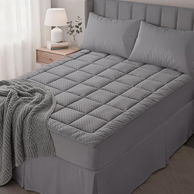OLANLY Full Quilted Fitted Mattress Pad, Elastic Fitted Mattress Topper, Cooling Soft Mattress Cover Stretches up to 21 Inches Deep, Machine Washable Mattress Protector (54x75 inch, Dark Grey)
