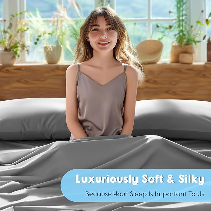 SONORO KATE 100% Egyptian Cotton Sheets Set - 1000 High Thread Count, Luxury 5-Star Hotel Sateen Bed Sheets, Soft, Breathable Long Staple Sheets, Fit up to 16" - 4 PC (Grey,Full)