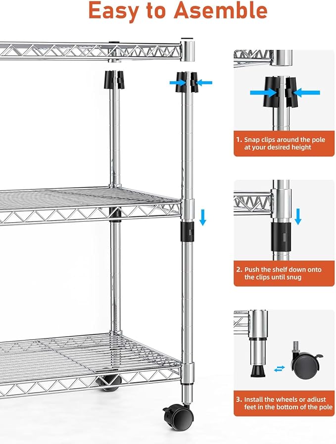 Simple Deluxe Heavy Duty 3-Shelf Shelving Unit, 24.02" D x 13.78"W x 21.97" H, 3 Tier, Chrome - Image 6