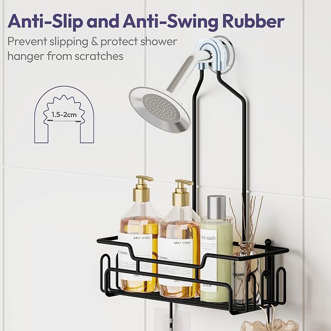 SWTYMIKI Bathroom Shower Caddy Hanging - Extended Length 2 Tier Rustproof Over Shower Head Organizer, No Drilling Bathroom Shelf with 14 Hooks & Soap Holder, Anti-Swing Rack, Black, Medium - Image 4