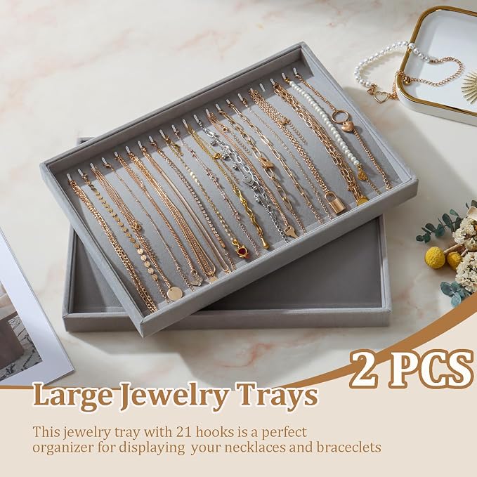 Large Velvet Jewelry Tray 2 Pack Stackable Jewelry Display Drawer Inserts Trays Organizer for Earring Bracelet Necklace Ring (Gray, 20 Hooks) - Image 2