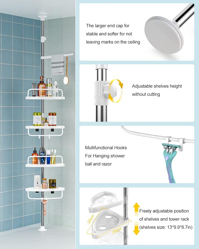 ADOVEL 4 Layer Corner Shower Caddy, Stainless Steel Constant Tension Pole Shower Organizer, Adjustable Corner Shower Shelf, Rustproof 3.3 to 9.8 ft - Image 5