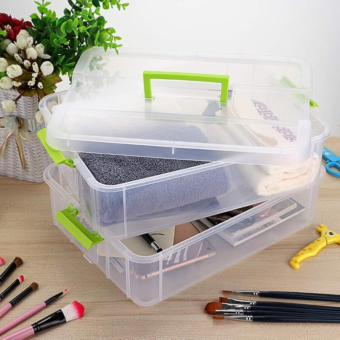 JUXYES 2-Tiers Stack Carry Storage Box With Handle, Transparent Stackable Storage Bin With Handle Lid Latching Storage Container for School & Office Supplies (Green) - Image 7