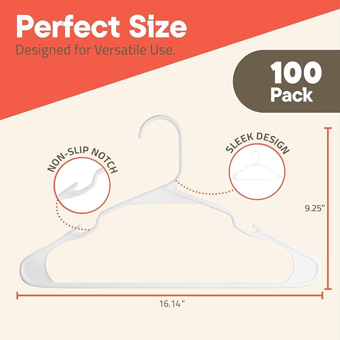 White Plastic Hangers 100 Pack– Heavy-Duty Plastic Hangers Slim and Space-Saving, Durable and Lightweight PP with Non-Slip Shoulder Notches for Slip Dresses, Suits, Jackets & Camisoles - Image 2