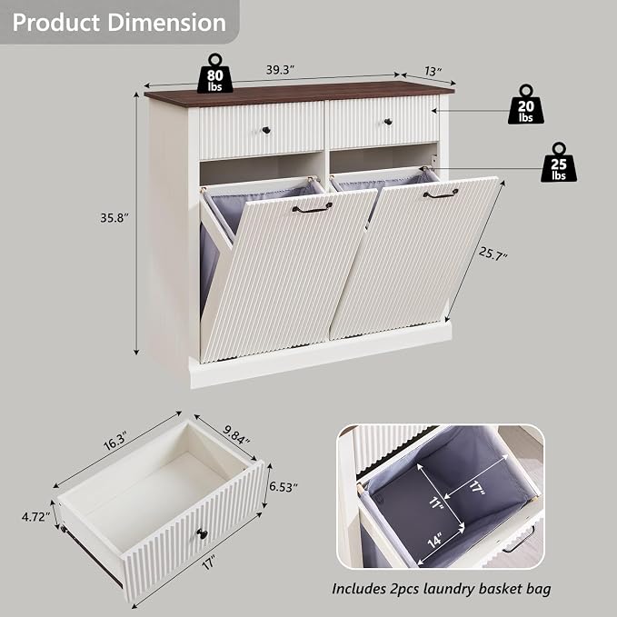 IFBUY Modern Double Tilt-Out Laundry Hamper Cabinet, 20 Gallon Fluted Trash Can Cabinet w/2 Drawers, Wooden Hidden Garbage Can Cabinets with Laundry Basket, for Bathroom and Kitchen, Antique White - Image 2