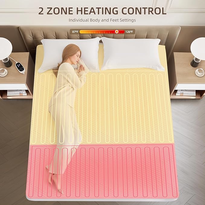 Multizone Waterproof Heated Mattress Pad, Individual Body & Feet Electric Mattress Bed Warmer 9 Heat Settings, 1-12 Hours Auto Off, Deep Pocket, Fast Heating, Machine Washable Twin, 39" x 75"
