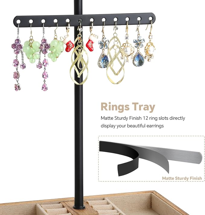 Meangood Jewelry Organizer Stand, 3-Tier Necklace Holder Jewelry Tree with Wooden Storage Drawer Box for Necklace Bracelet Earring Ring, Carbonized Black - Image 4