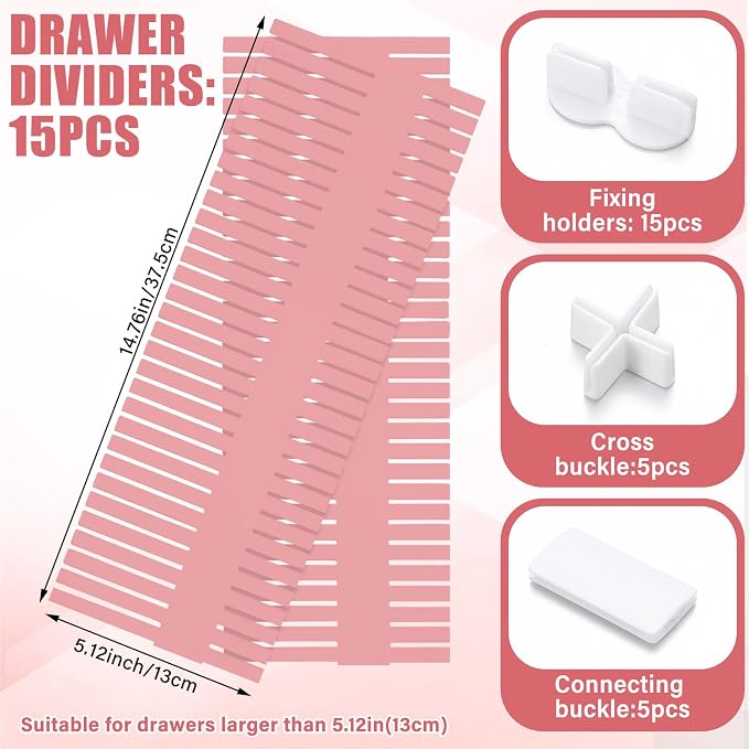 Blosssound 15 Pcs 5.12 Tall Drawer Divider Adjustable Drawer Organizer DIY Ultra Deep Storage Organizer Separator with Fixed Buckle for Underwear Socks Dormitory Office Kitchen Bedroom(Pink) - Image 2