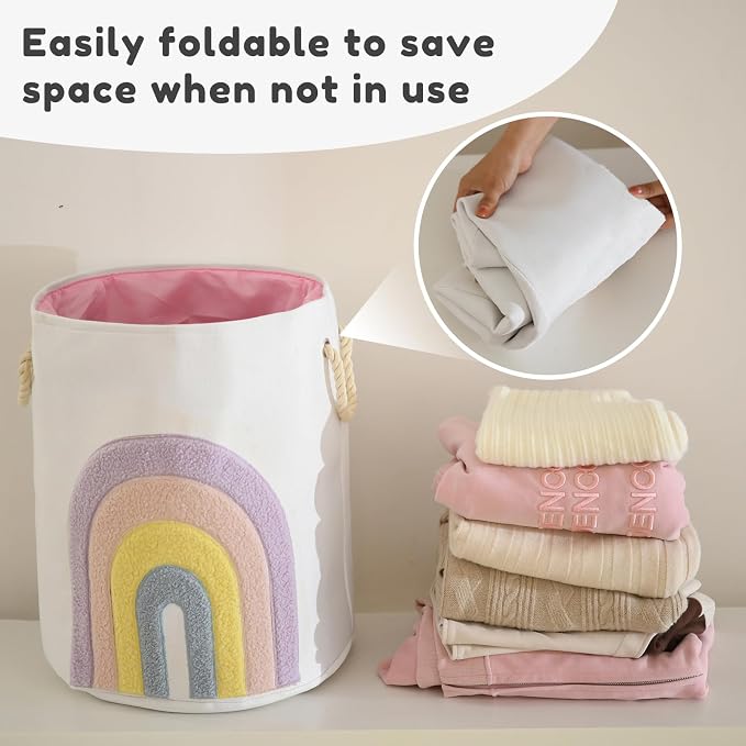 INough Pink Baby Hamper, XL Canvas 58L Laundry Basket with Drawstring Closure, Boho Rainbow Decor - Image 5