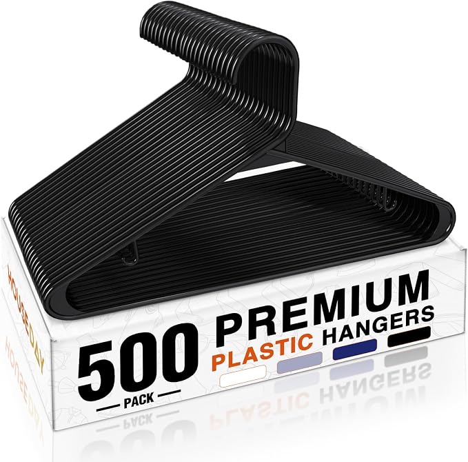 HOUSE DAY 500 Pack Plastic Clothes Hangers, Commercial Bulk Shipment for Business, Sturdy Durable Lightweight Hangers Black Ideal for Retail Dry Cleaners Warehouses, Save Cost & Warehouse Space by HOUSEDAY