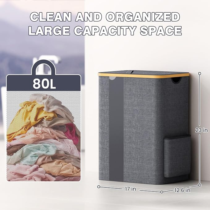 BlissTotes Laundry Basket with Lid, 80L Clothes Laundry Hamper with Handles and Removable Laundry Bag, Breathable Design Hamper with Lid for Bedroom, Bathroom, Dorm, Laundry Room - Light Grey - Image 6