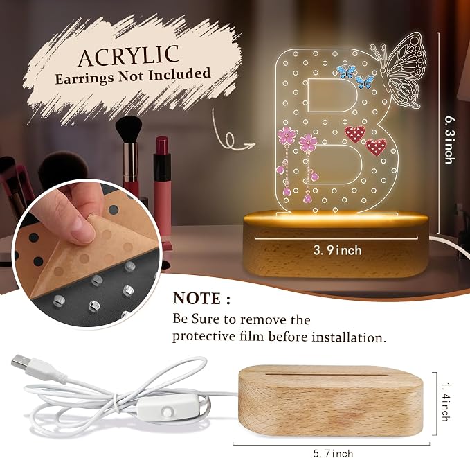 COSHAYSOO Stud Earring Holder Organizer Initial Acrylic with Butterfly LED Decoration Women Teacher Nurse Doctor Appreciation Birthday Gift Ideas, Flat Back Pearl Heart Earrings Display Rack Letter B - Image 2