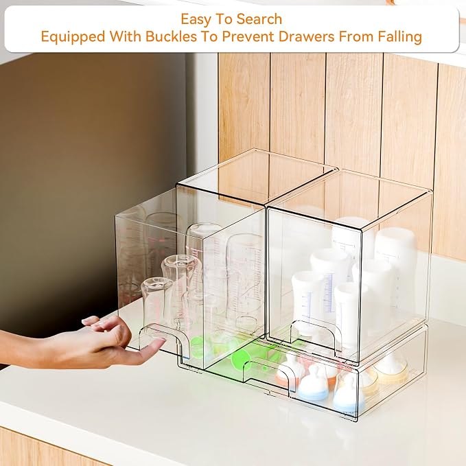 Yieach 3 Set Clear Baby Bottle Organizer for Countertop,BPA FREE Bottle Station Organizer for Breast Pump Parts,Pacifier and Baby Accessories,Stackable Drawers for Bathroom,Cabinet,Pantry Organization - Image 4