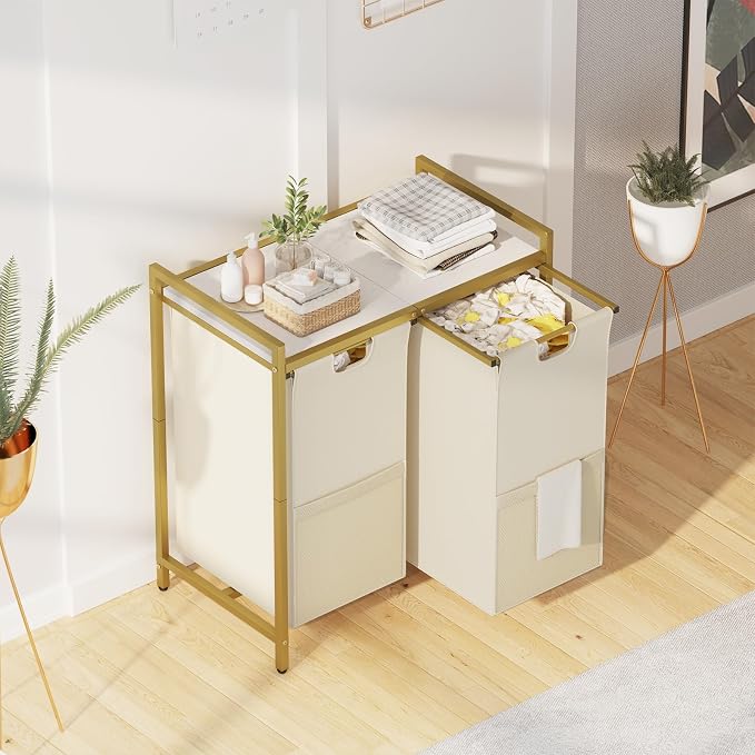 Huhote Laundry Hamper, double Laundry Basket, Laundry Sorter with Top Shelf & 2 Removable Washable Bags & Side Pockets for Laundry Room organization, Bathroom and Dorm, Gold and White - Image 7