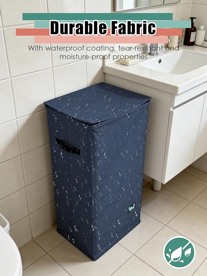 WTREE Laundry Hamper with Lid, Reinforced Sturdy Clothes Hamper with Anti-Puncture Base, Large Collapsible Laundry Basket with Removable Liner Bag, Tall Dirty Clothes Bin for Family, 100L Navy Blue - Image 4