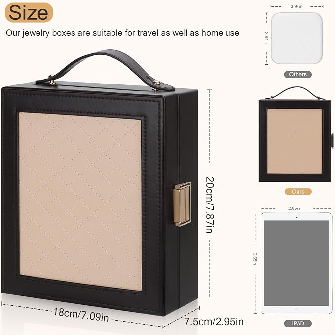 DesignSter Travel Jewelry Case for Woman, Portable Jewelry Travel Box with Mirror, PU Leather Small Jewelry Organizer with Handle for Rings Earrings Bracelets Necklaces(Black Brown & Apricot) - Image 2