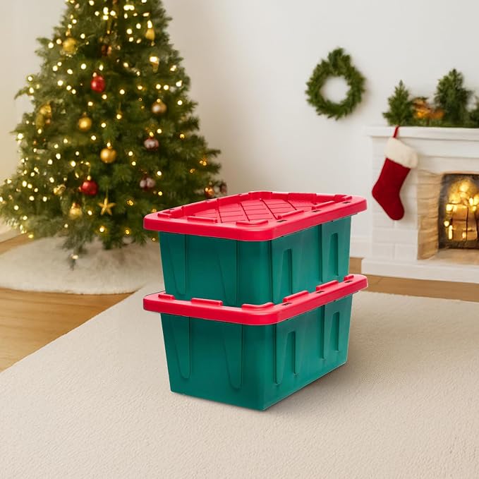 HOMZ 2-Pack Durabilt, Heavy Duty Plastic Storage Bins with Lids, 15 Gallon, Green/Red - Stackable Container Boxes for Holiday, Attic, and Garage Organization - Image 9