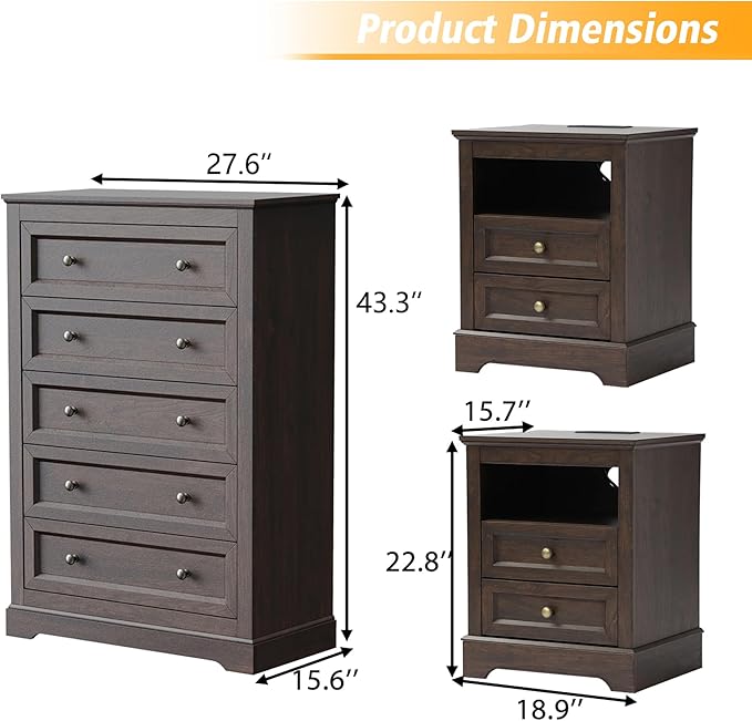 KIGOTY Farmhouse Bedroom Set, 3 Pcs Dresser and Nightstand Sets, 5 Drawer Dresser & 2 Drawer Nightstand Set with Charging Station,Rustic Wood Bedroom Furniture Set for Home,Brown