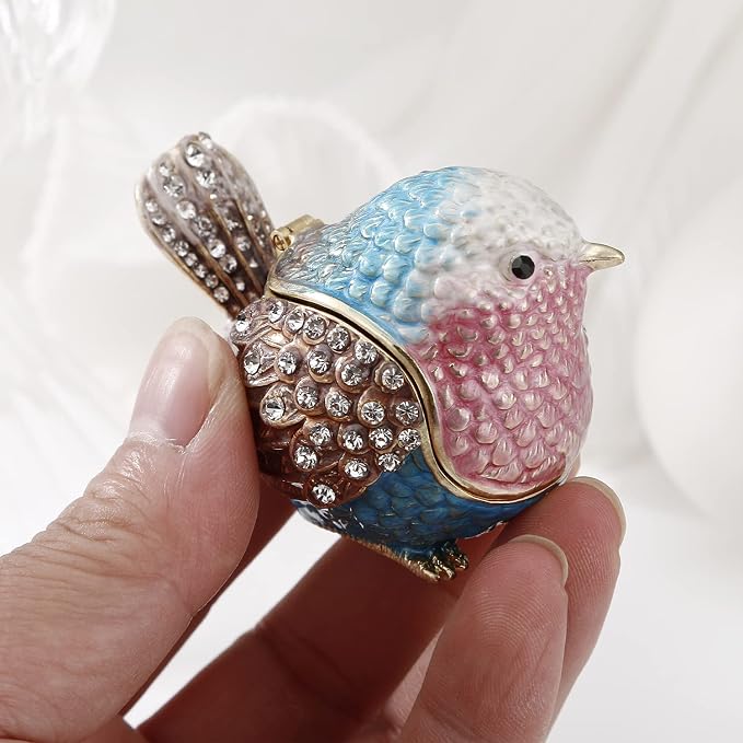 Hand Painted Enamel Robin Bird Trinket Box for Home Decor, Hinged Jewelry Organizer for Ring Earrings, Unique Figurine Keepsake Collectible Personalized Elegant Handmade Ornament Gifts (Blue Sparrow) - Image 5