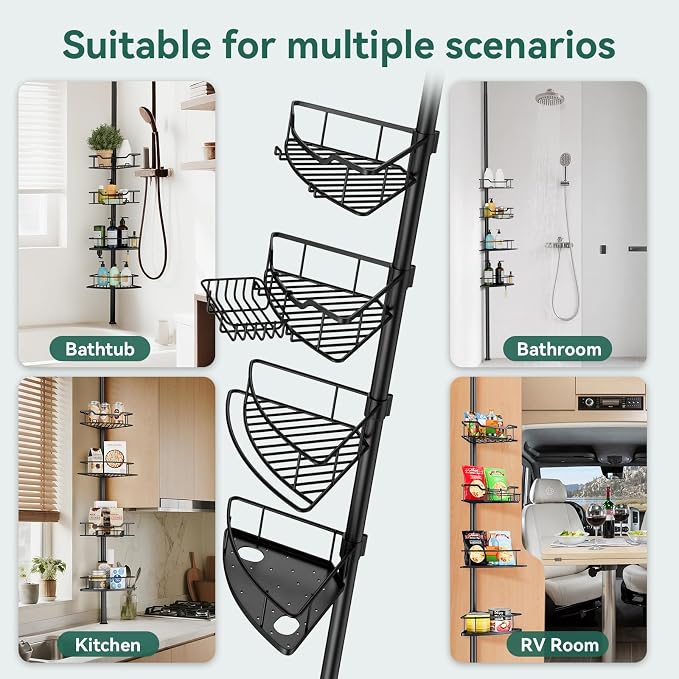 Corner Shower Caddy Tension Pole, 4 Tier Rustproof Shower Tension Rod Organizer, Adjustable 25-125 Inch Bathroom Shower Organizer Shelves for Bathtub Shampoo Storage, Black - Image 8