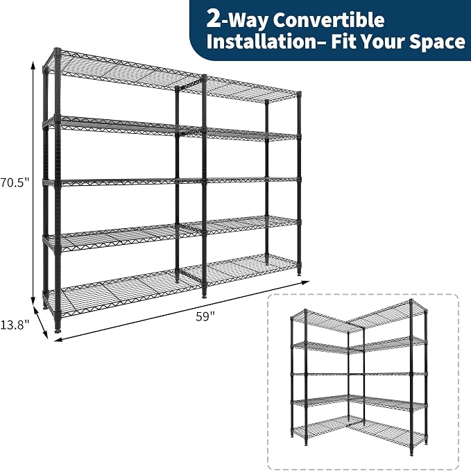 Garvee Storage Shelves 70" H Wire Shelving Rack, 5-Tier Garage Shelving Heavy Duty Metal Storage Shelves for Kitchen Pantry Room, Load 1325 LBS, Adjustable Wire Rack Shelf for Garage Basement - Image 3