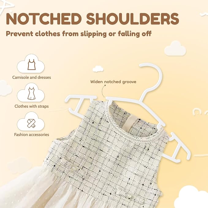 VILICK Kids Plastic Hangers, Baby Clothes Hangers for Closet 50 Packs Non-Slip Toddler Hangers for Infant Child Clothing, Small Children, for Pants Coats Skirts (White) - Image 4