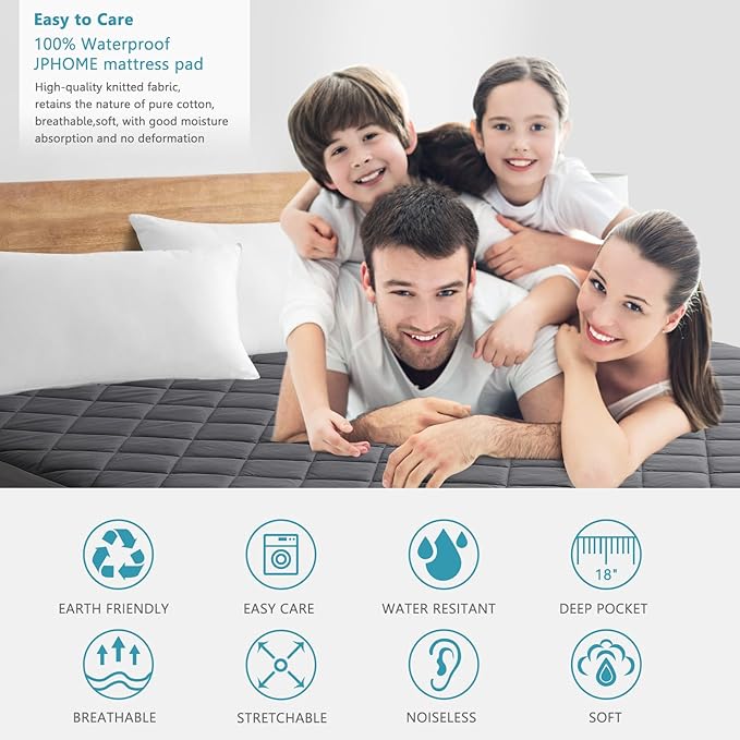 Full Size Quilted Fitted Mattress Pad Cover, 100% Waterproof Mattress Protector, Deep Pocket Fitted 8" - 21", Breathable & Noiseless, Soft and Comfortable (54" x 75", Dark Gray)