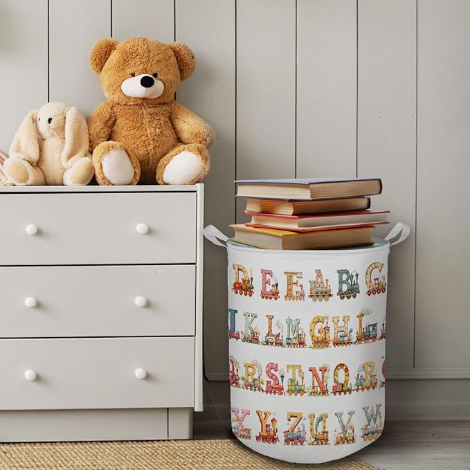 Kids Nursery Laundry Basket, Toybox for Girls Boys, Alphabets Trains Transportation Laundry Basket Hamper Waterproof Collapsible Storage Bin Organizer for Bedroom Bathroom Kids Room Clothes Toys - Image 4