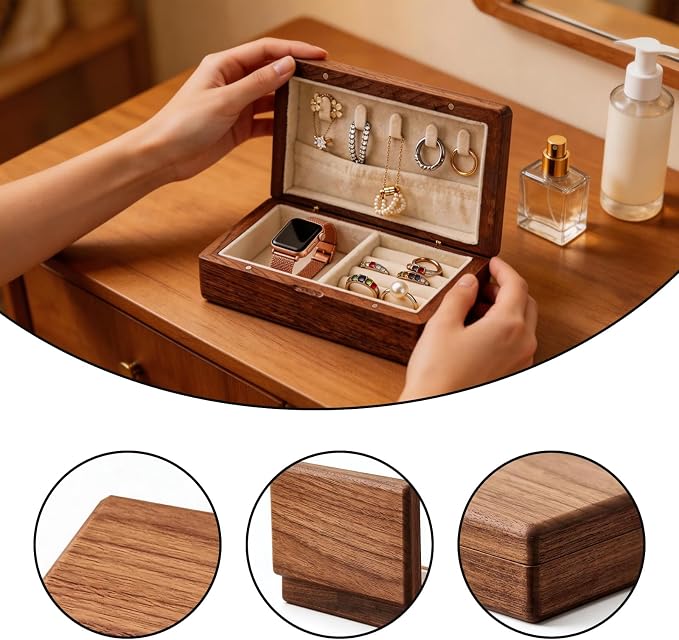 Small Wooden Jewelry Box | Versatile Mens Jewelry Box with Earring & Ring Organizer for Travel & Vanity Display - Image 3