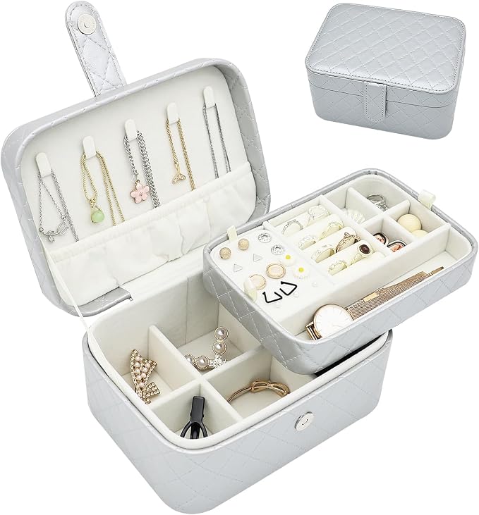 Jewelry Travel Case, 2-Layer Jewelry Box Organizer Medium Jewelry Travel Box, Portable Faux Leather Jewellery Storage Boxes with Argyle for Women, Daily Jewellery Case Home Use (Silver gray) by Unknown