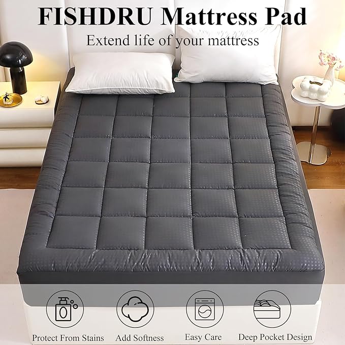 Quilted Fitted Mattress Pad, Quilted Fitted Premium Mattress Protector, Elastic Fitted Mattress Topper Protector and Cover Stretches up to 16 Inches Deep, Breathable, Machine Washable (Dgrey, Full)