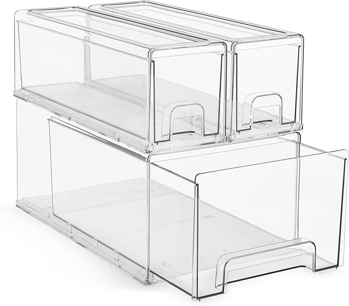 Sorbus 1 Large & 2 Small Clear Stackable Storage Drawers – Plastic Organizer Bins with Handles – Stackable Pull-Out Storage Drawers for Closet, Pantry, Office, Bathroom, Craft, and Toy Organization by Sorbus