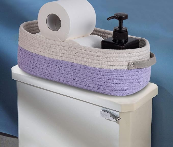 Cotton Rope Woven Basket Toilet Paper Baskets for Organizing Decorative Basket for Boho Decor Small Storage Basket Gift Baskets 13"x5.9"x4" Purple - Image 3