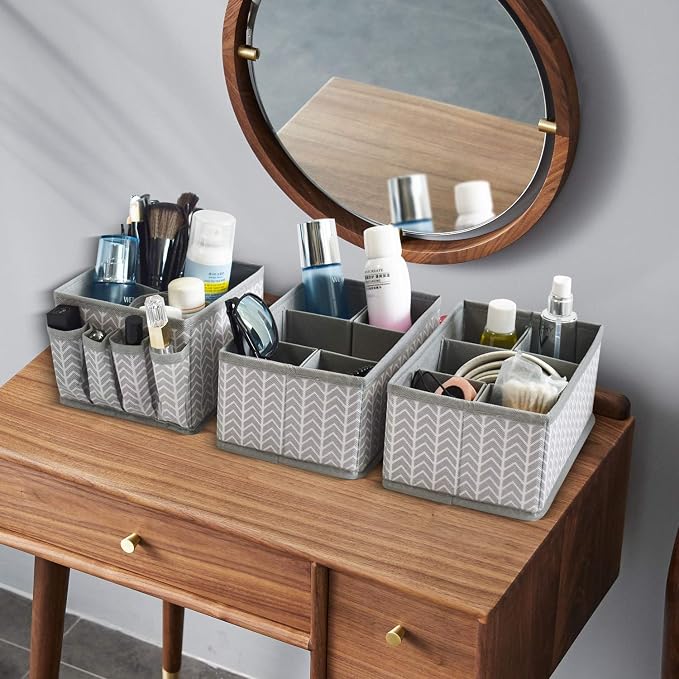 VERONLY Cosmetic Storage Bins Makeup Organizer, Adjustable Multifunction Storage Box Desk Drawer Divider for Makeup Brushes, Bathroom Countertop or Dresser, Set of 3 (Grey) - Image 7