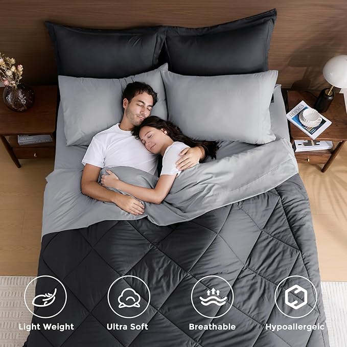 HEVUMYI King Comforter Set - 7-Piece All Season Bed in a Bag King, Ultra Soft Bedding Set with Comforter, Flat Sheet, Fitted Sheet, Pillowcases, Pillow Shams, Dark Grey & Light Grey