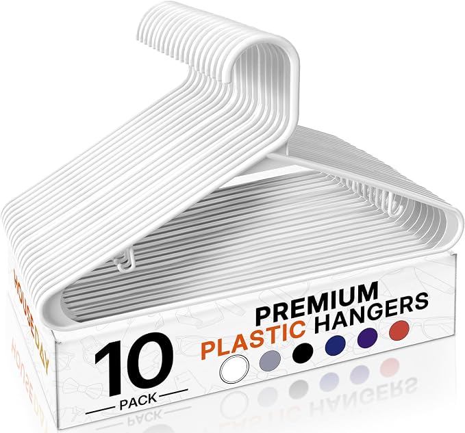 HOUSE DAY White Plastic Hangers 10 Pack, Plastic Clothes Hangers with Built-in Hooks, Durable and Strong Coat Hanger for Closet, Space Saving Clothing Hanger for Shirts, Coats, Skirt, Dress by HOUSEDAY