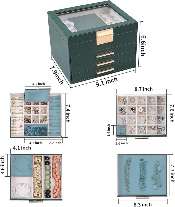 BOOVO Clear Lid Jewelry Box,4 Layers Jewelry Organizer Large Jewelry Storage Box with 3 Drawers,Jewelry Holder Organzier of Rings Earrings Necklace Bracelets for Women (Dark Green, 4 Layer) - Image 4