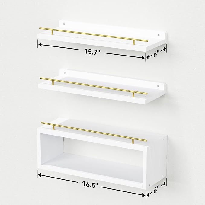 WOPITUES Floating Shelves for Wall with Cube Shelf, Wall Shelves with Metal Rail for Decor, Bathroom Organizers and Storage, Over Toilet Shelves for Bathroom, Toilet Paper-White&Gold - Image 3