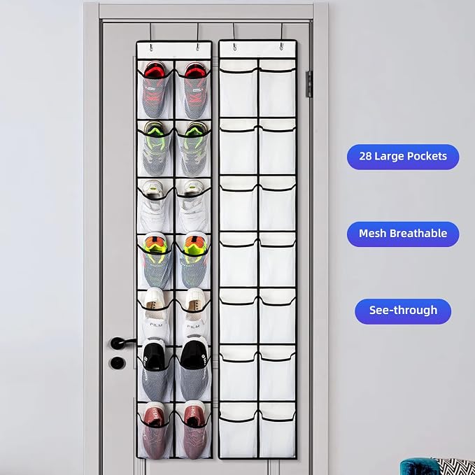 KEEPJOY Over the Door Shoe Organizer, Hanging Shoe Organizer with 4 Hooks, Shoe Holder with 14 Mesh Pockets Closet Door Shoe Storage Bag (White-2Pack) - Image 4