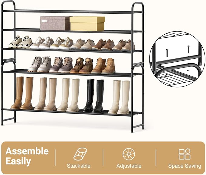 KEETDY 3-Tier Long Shoe Rack for Closet Metal Shoe Organizer for Entryway, Wide Stackable Shoe Storage Shelf with Sturdy Wire Grid for Closet Floor, Bedroom, Black - Image 5