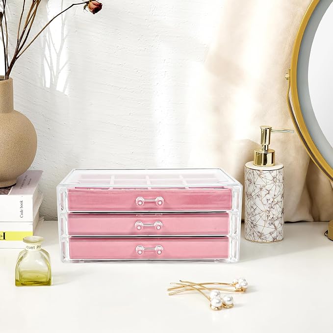 ProCase Earring Holder Organizer Jewelry Box with 3 Drawers, Acrylic Clear Earring Case with Adjustable Velvet Trays for Women - Pink, 3 Layers - Image 6