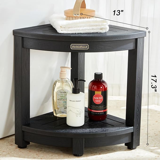 KaimuBench Shower Bench for Inside Shower, Poly Lumber Corner Shower Stool, Plastic Bathroom Bench Seat for Shaving Legs, Shower Chair Seat, Shower Foot Rest with Adjustable Feet, Non-Slip, Black - Image 2
