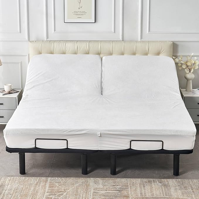 Kingnex Waterproof Partial Split Top Cal King Mattress Protector for Adjustable Bed with 36-39" Upper Flex Head Noiseless Soft Bamboo Viscose Terry Fitted Mattress Cover